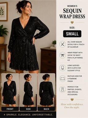 LC Lauren Conrad Black Sequin Wrap Dress Pit 16”
Waist 28”
Length 34”